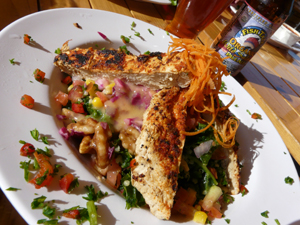 All Hail Kale - Marinated organic kale and red cabbage, roasted corn salsa, agave-roasted walnuts with a ginger-papaya vinaigrette. Add blackened chickin’ for $2.50.